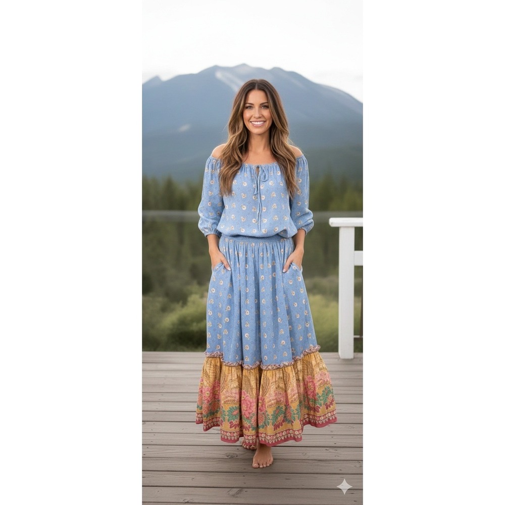 Vintage Country Prairie Shirt Skirt Sz S-M 2 Piece Set Western Sheer Hippie Boho